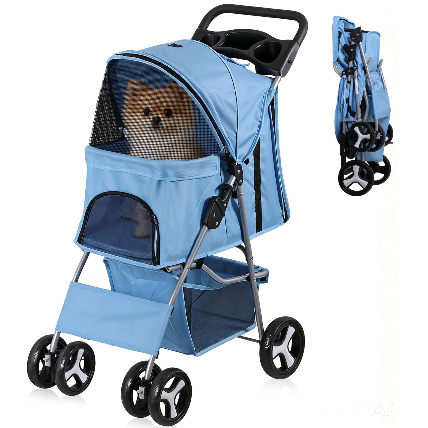 Epetlover 4 Wheels Dog Stroller Folding Pet Strolling Cart for Small Medium Cats Puppies Portable Jogger Travel Camping Puppy Carrier with Storage Basket Cup Holder, Blue