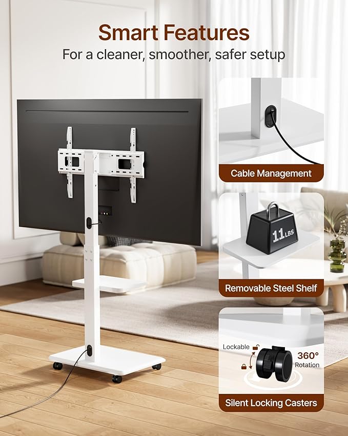 ECOTINY Steel Base Rolling TV Stand for 32-75 inch TVs up to 110 lbs, Leveling & Tilt & Swivel Mobile TV Stand with Hidden Wire Management, Height Adjustable Portable Tv Stand with Steel Shelf, White