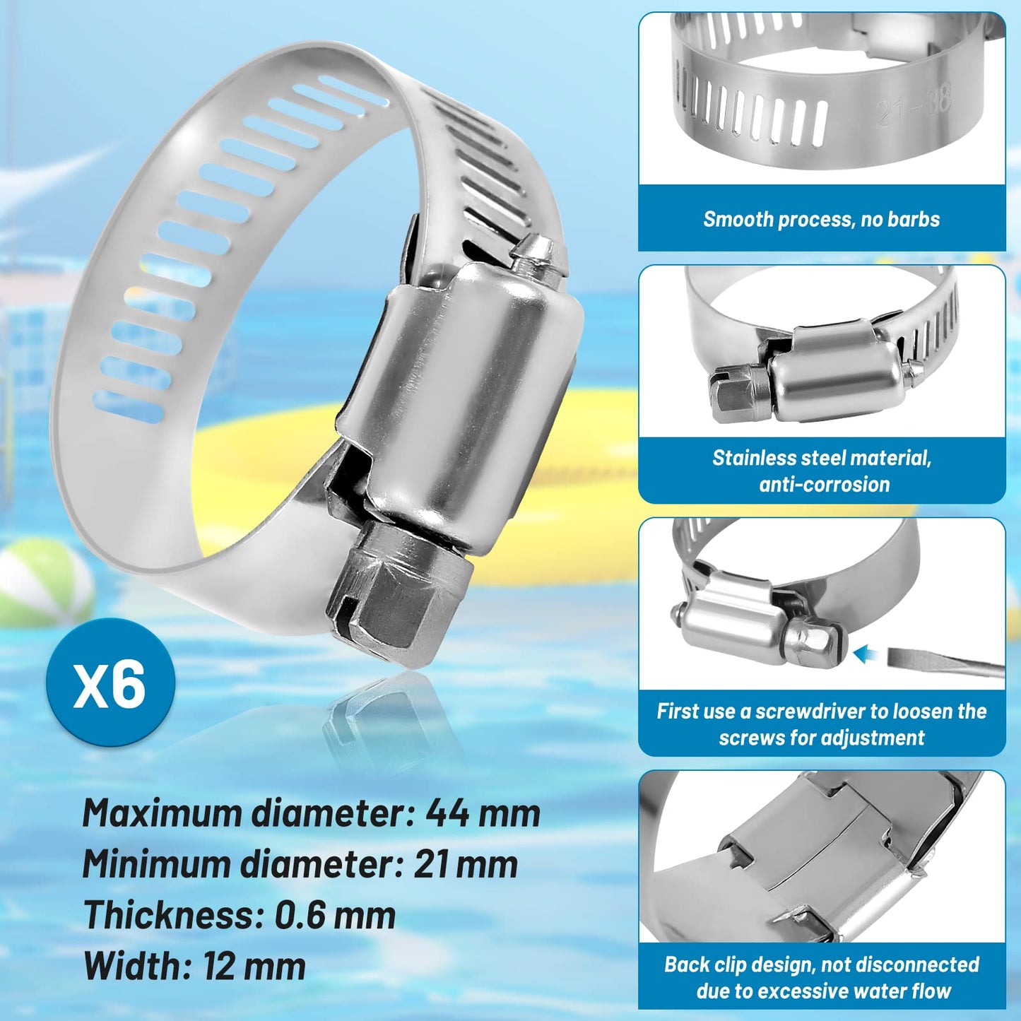 IDEASURE 1.5" x 59" Pool Hoses for Above Ground Pools - Pool Pump Replacement Hose Compatible with In tex Coleman Skimmer Surface Skimmer Pool Pump Pool Filter, 3 Pack with 6 Hose Clamps