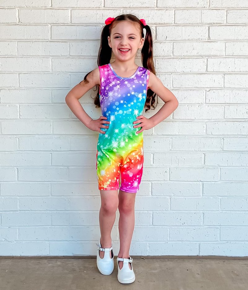 Taubow 2 Packs Gymnastics Leotards for Girls 4t 5t Rainbow Unicorn Tumbling Outfit Biketard with Shorts Gymnastics Outfit