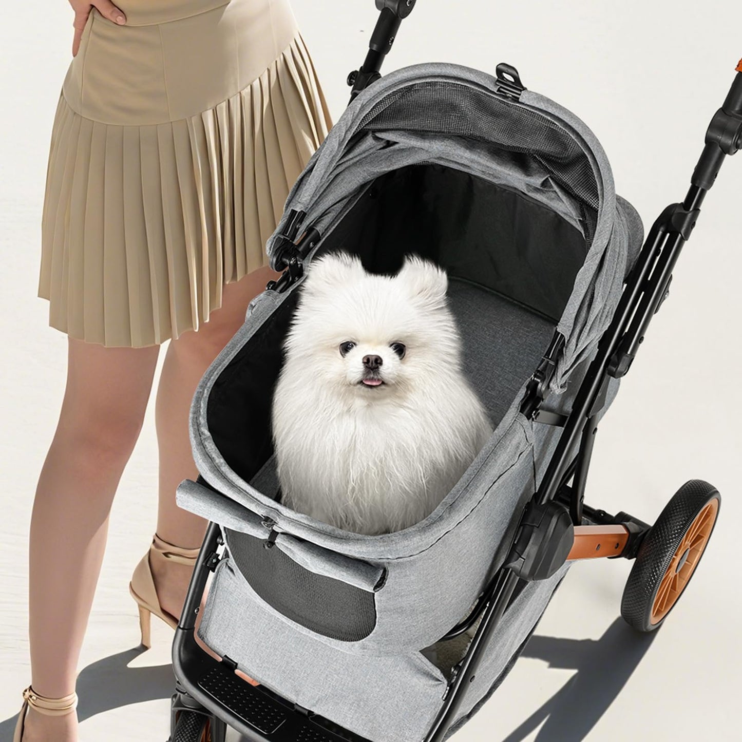MAMIZO Foldable Dog Stroller for Medium Dogs Cats Up to 33 Lbs, Adjustable Height Handle, Pet Stroller with Aluminum and Carbon Steel Frame, Sun Shades, Storage Basket & Shock Absorbers, All-Terrain