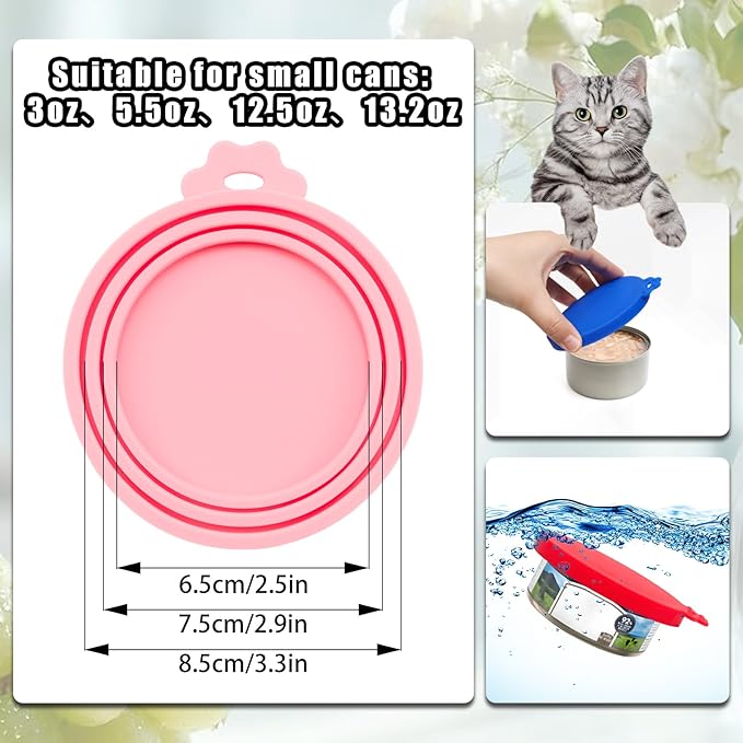 PINE & LINEN 4 Pcs Durable Pet Can Lids,One fit 3 Standard Size Silicone Waterproof Cat Food Cans Lids for 3oz/5.5oz/12.5oz/13.2oz Cat Food Cans（Yellow+Red+Pink+Blue）