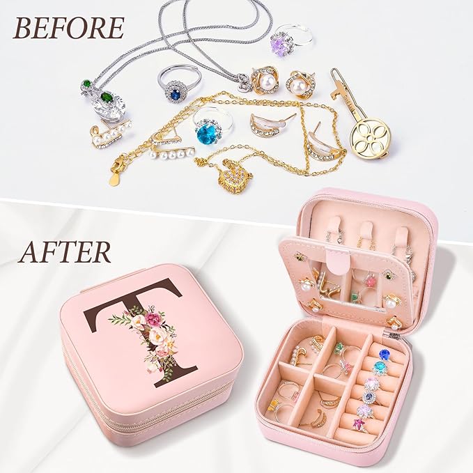 Mom Gifts for Women from Daughter Son, Travel Jewelry Case Box Organizer Personalized Gifts for Mom Wife Women, Gift for Friend Sister Grandma Aunt, Initial T