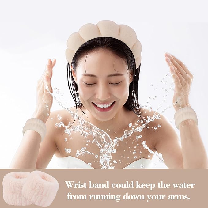 SuPoo 6pcs Khaki Spa Headband Set - Sponge Face and Makeup Headbands, Wristbands, Terry Cloth Hair Ties - Cute Puffy Skincare Gifts for Teens