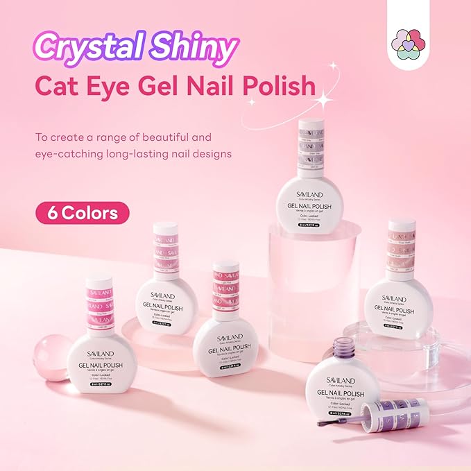 SAVILAND Color Artistry Cat Eye Gel Nail Polish: 6 Colors Cateye Gel Polish Set Long-Lasting Magnetic Nail Polish Sheer Nudes Pink with Magnet Stick Nail Art Home Glass Bead Effect