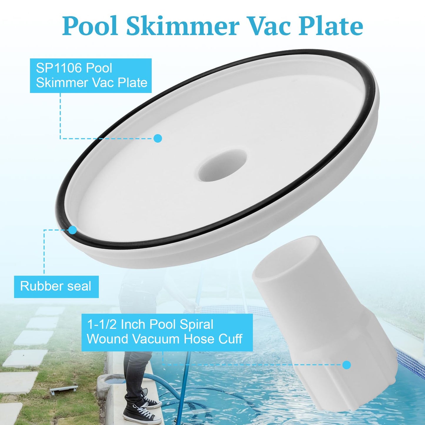 OJP SP1106 Pool Skimmer Vacuum Plate and 1-1/2 Inch Pool Spiral Wound Vacuum Hose Cuff for Hayward 1082 SP1084 SP1085 SP1075, In-Ground Pool Skimmer Basket Vac Vacuum Hose Cover Plate Replacement