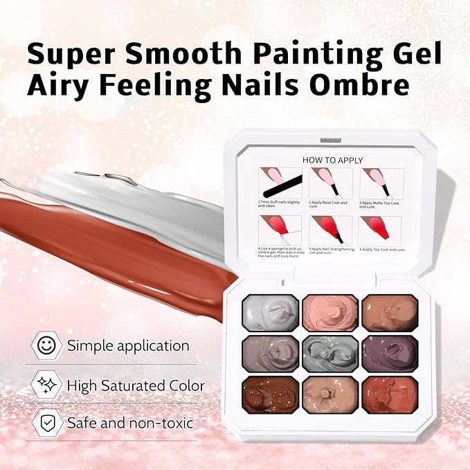 Christmas Gel Polish, 9 Colors Ombre Patting Gel Nail Polish Palette 100 Sponges 6 Brushes 1Grabber, Blending Color Gradient Painting Nails Art, No Wipe, UV/LED Cured (Set 07)