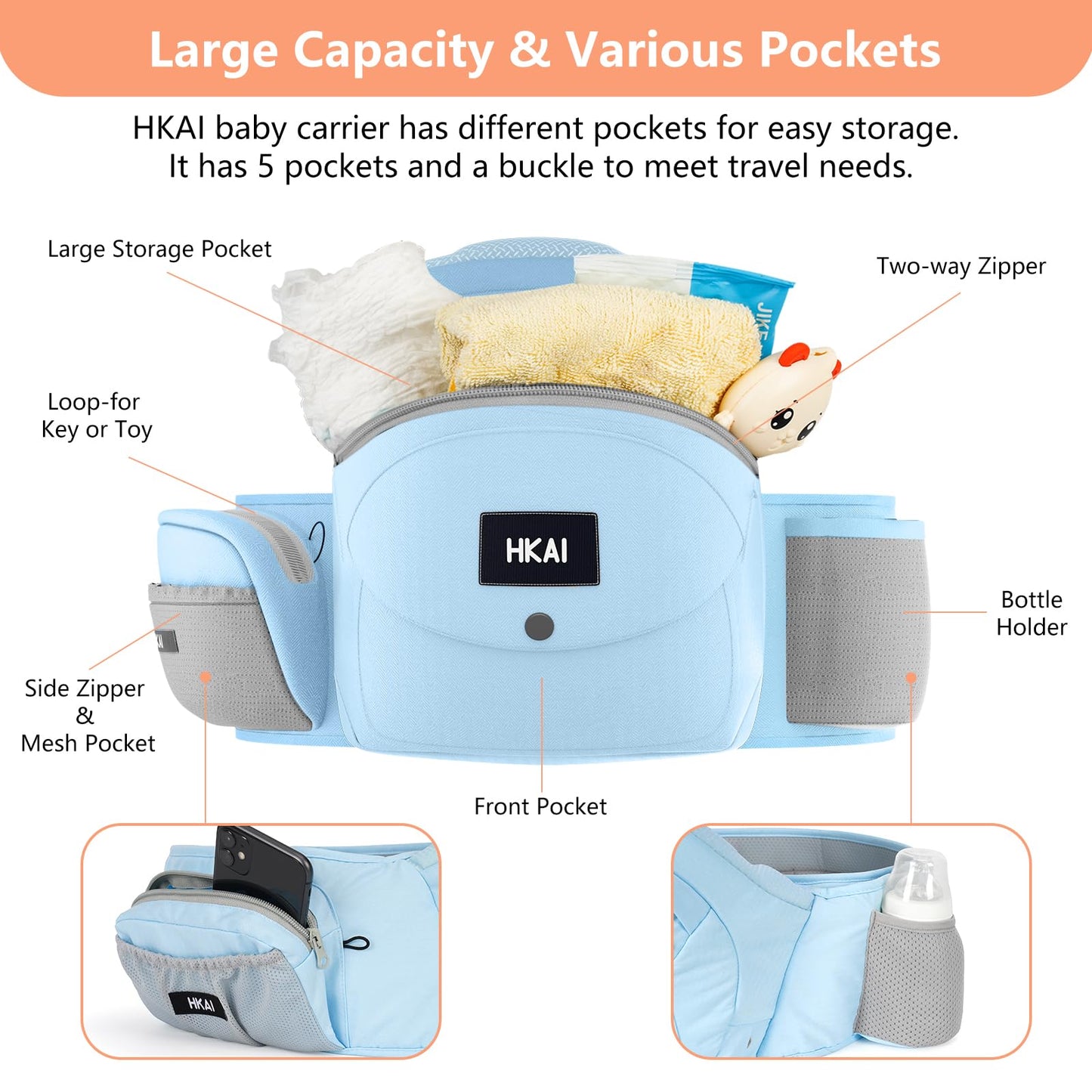 HKAI Baby Hip Carrier,Baby Carrier with Adjustable Waistband & Breathable Mesh, Ergonomic Carrier with Non-Slip Hip Seat Surface for Newborns & Toddlers (Light Blue)