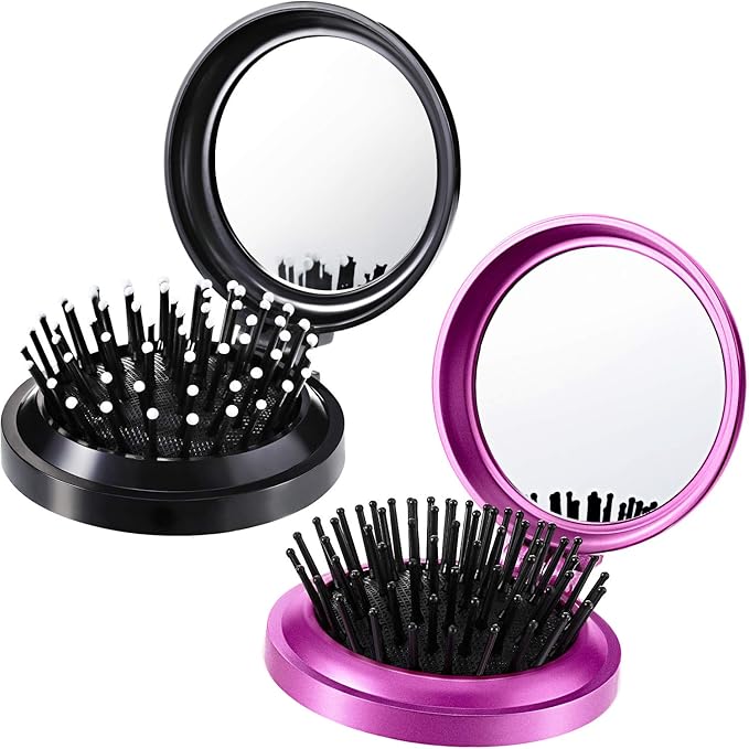 Boao 2 Pack Foldable Travel Mirror Hair Brushes Round Portable Folding Pocket Hair Brush Mini Comb Compact Travel Size Massage Comb for Men Women (Black, Purple)