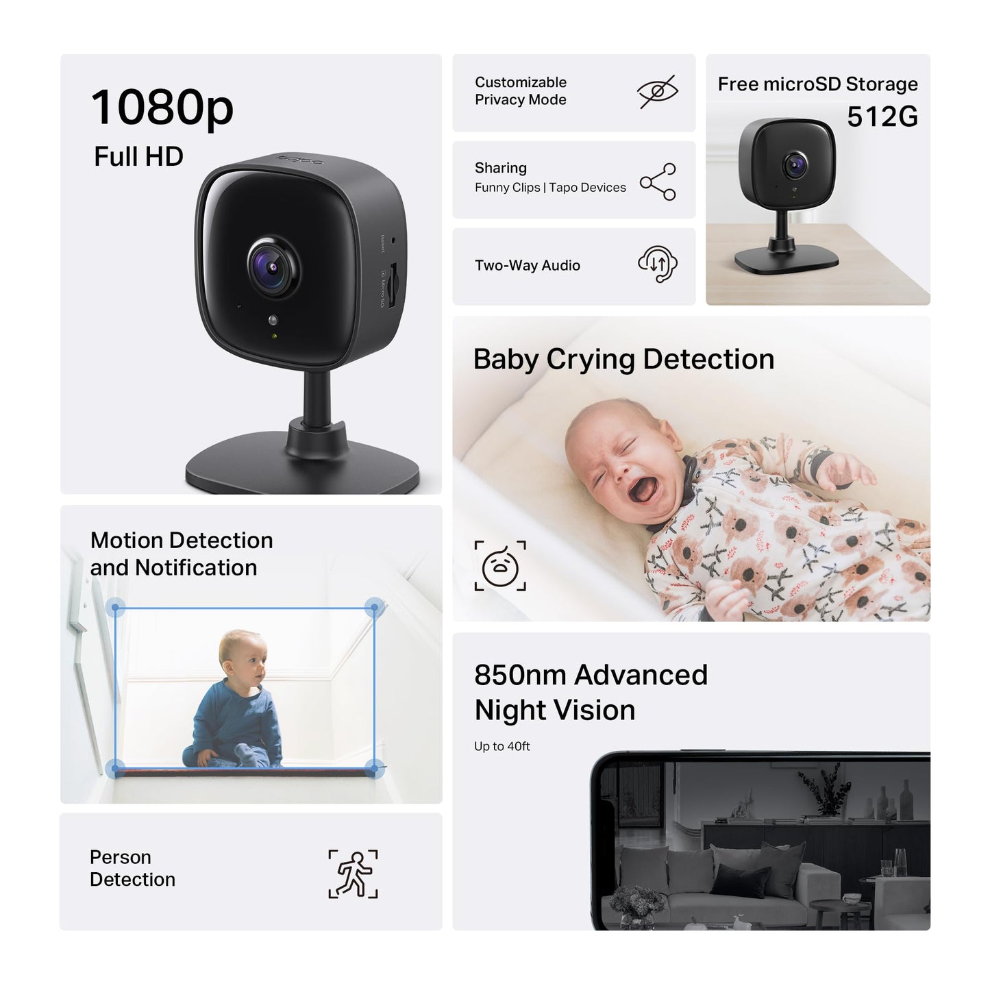 Tapo 1080P Indoor Wired Security Camera - Works as a Baby Monitor & Pet Camera, Motion Detection, 2-Way Audio, Siren, Night Vision, Subscription-Free Local Storage or Optional Cloud, C101