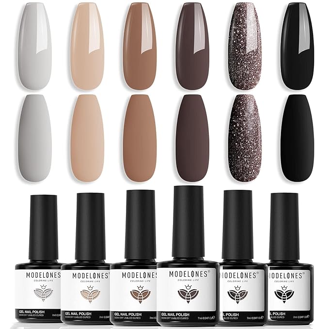 modelones Gel Nail Polish Set, 6 Colors Chocolate Brown Black Nude Glitter Gel Polish Kit Neutral Soak Off Nail Art Salon Design French Manicure DIY at Home Gifts for Women Girls