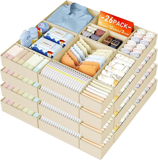 DIMJ Drawer Organizer Clothes, 26 Pack Dresser Organizer, Foldable Closet Organizers and Storage, Fabric Dresser Bins, Drawer Dividers for Nursery, Baby Clothes, Underwears, Sock,Beige