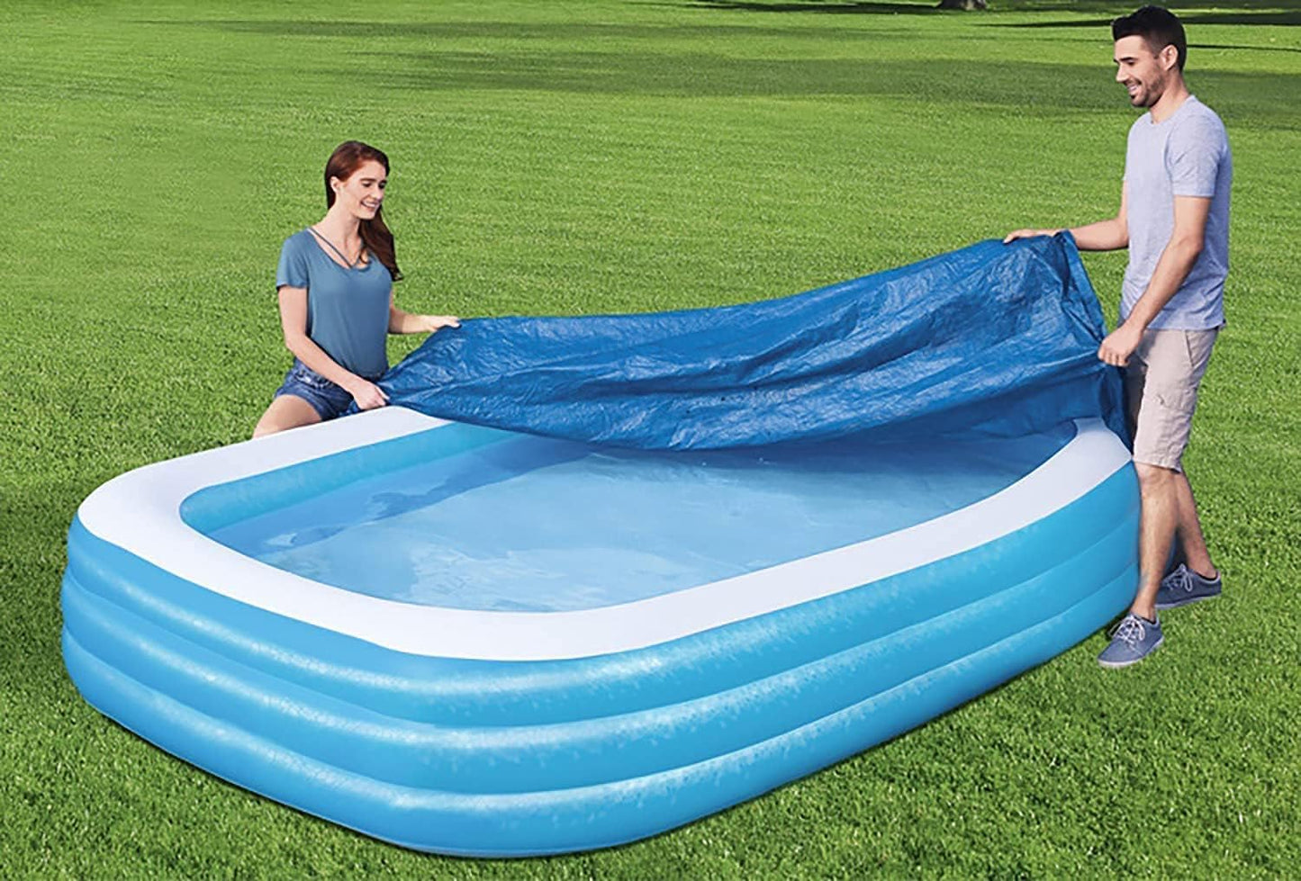 Inflatable Pool Cover for 120in x 72in Rectangle Swimming Pool, Rectangular Pool Covers, Built-in Elastic Dustproof Rainproof Foldable Above Ground Pool Cover (Blue, 120in x 72in)