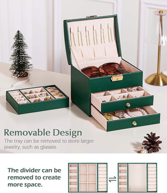 Homde Girls Jewelry Box with Lock: 3 Layer Organizer with Removable Tray - Storage for Ring Necklace Earring - Birthday & Return Gifts for Young Women (Midnight Green)