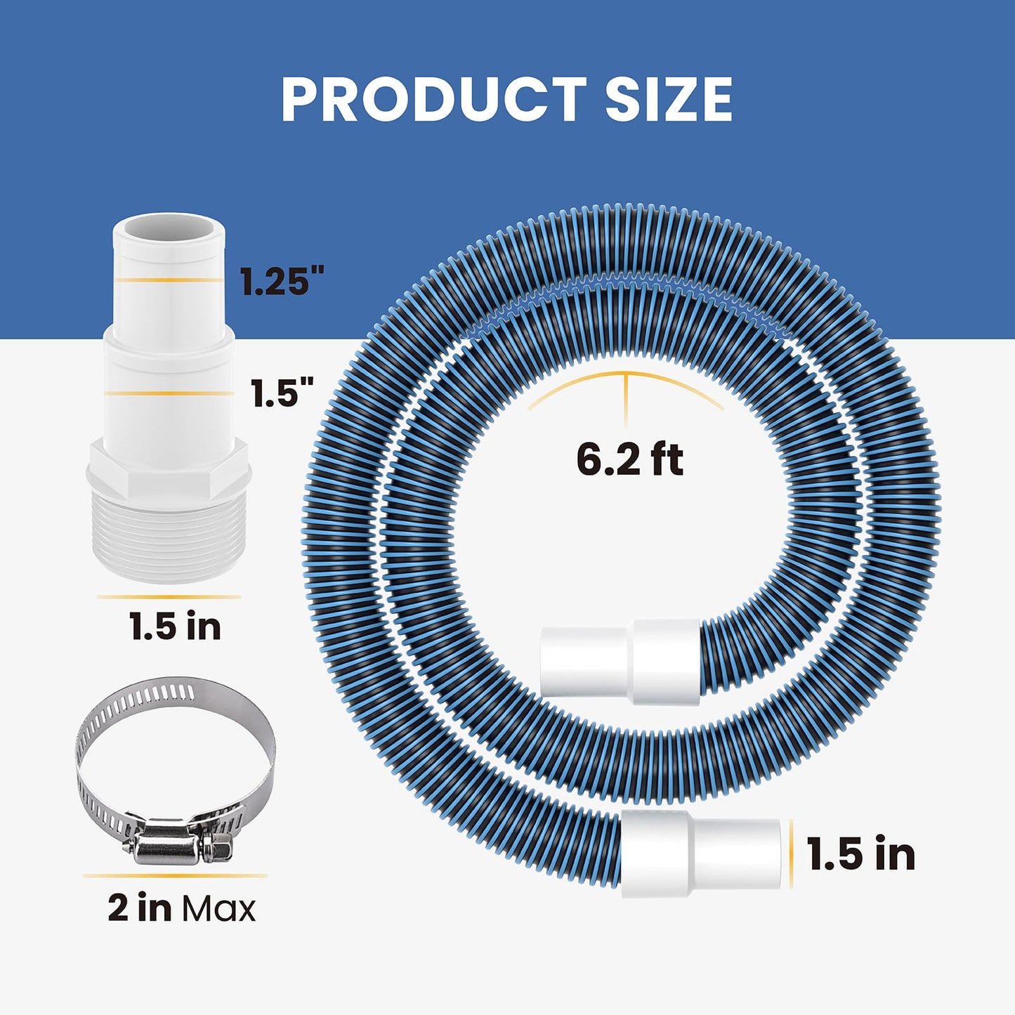 1 1/2" Swimming Pool Filter Hose Replacement Kit,Universal 1.25/1.5 Inch Hose Adapter & 1.5"Pool Vacuum Hose for Above Ground Pool,2 Pack 6 Feet Replacement Hose Suitable for Pump - Filter - Heater