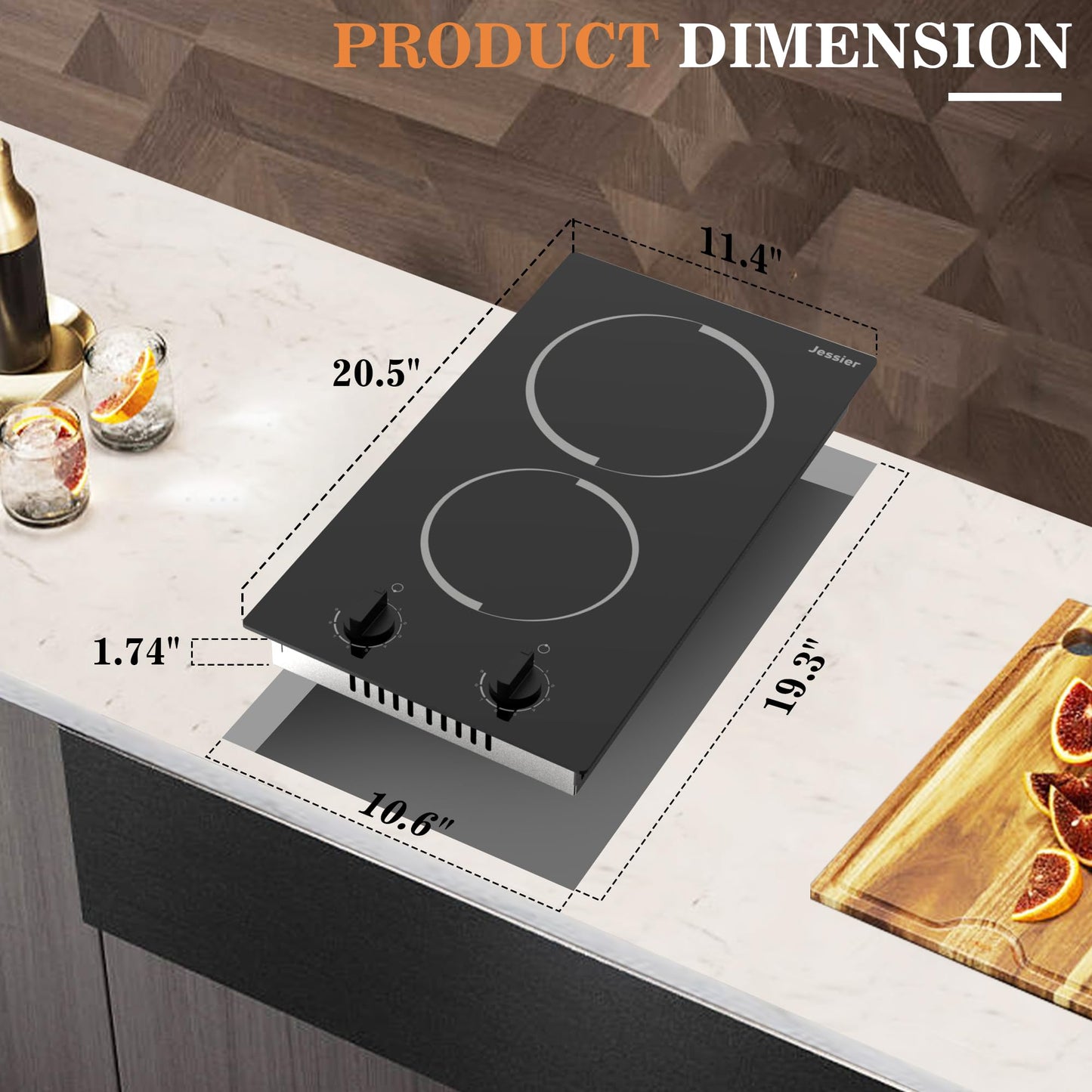 Jessier 2 Burner Electric Cooktop - 12 Inch Plug in Portable 110V Electric Cook Top Two Burner, Built-in & Countertop Ceramic Stove Top with Knob Control, 9 Power Levels and Overheat Protection