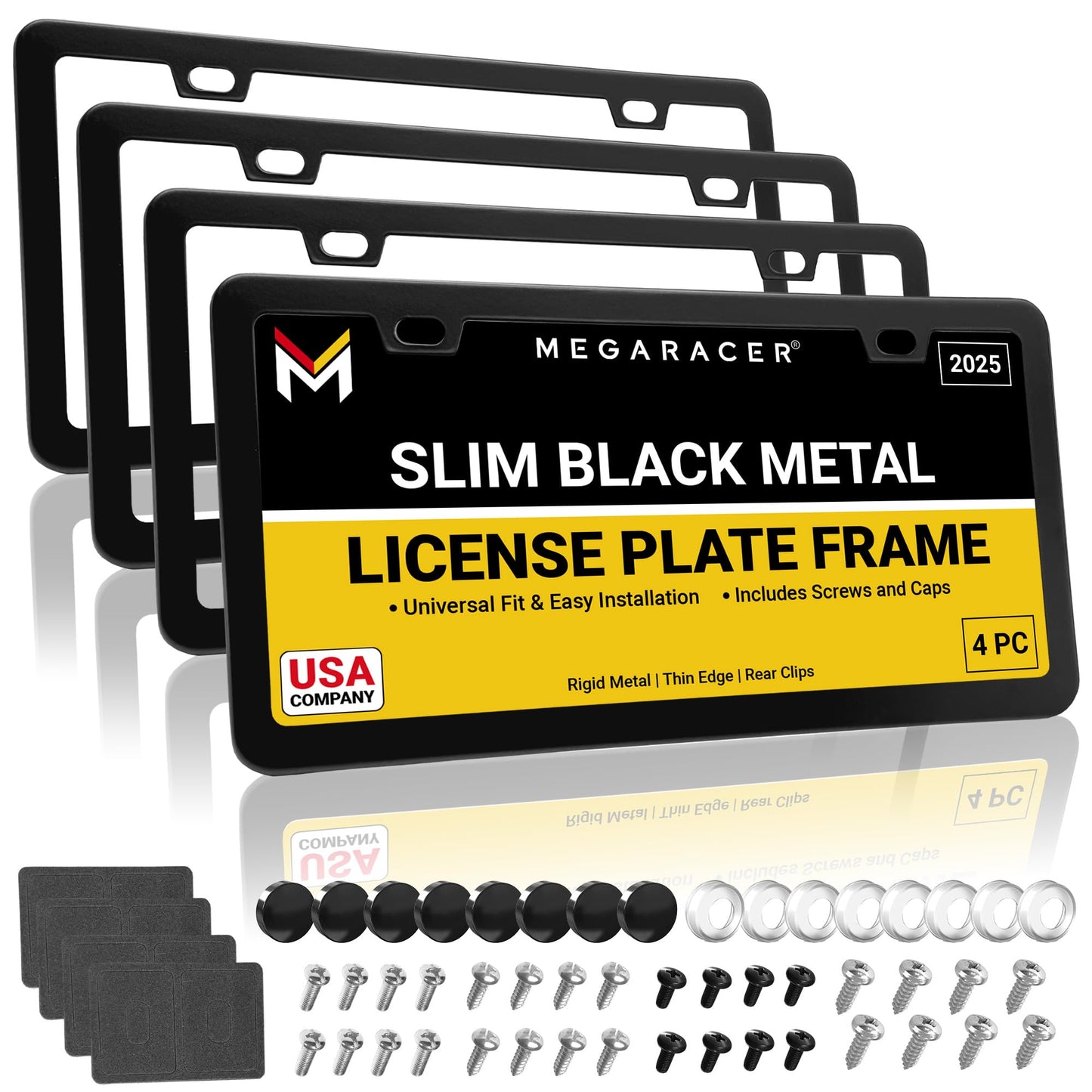 Premium Slim Matte Black License Plate Frames – Best Value 4 Pack, Rust-Free Stainless Steel & Rattle-Free, Street Legal, Universal with Screw Caps, Thin Edged Metal Front & Rear Car Tag Holders
