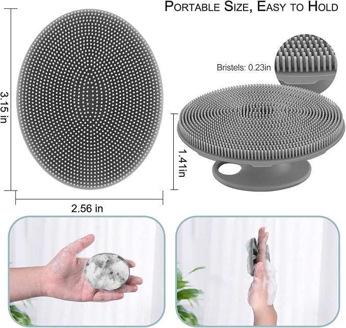 INNERNEED Food-Grade Soft Silicone Body Scrubber Shower Brush, with Handheld Facial Cleansing Skin Brush, with Scalp Massager Shampoo Brush (Gray)