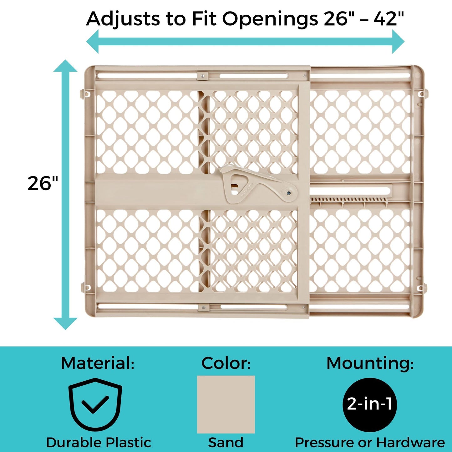 Toddleroo by North States - Supergate Ergo Baby Gate: Plastic Baby Gate for Stairs & Doorways - Adjustable Indoor Safety Gate - Made in USA - 26 to 42 Inches Wide - 26 Inches Tall - Sand