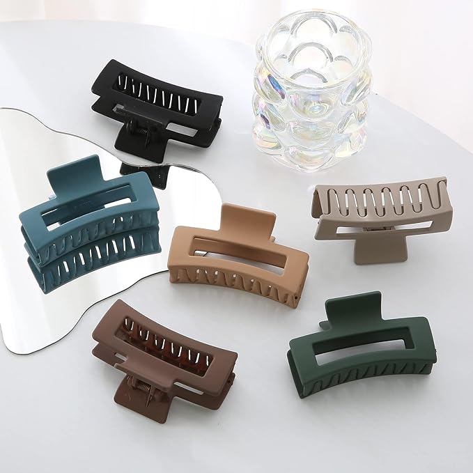 Auseibeely 6 Pack Square Claw for Women Girls, 3.5" Medium Non-slip Rectangular Matte Clips Strong Hold Jumbo Hair Styling Accessories, Ideal for Gifts, Cool