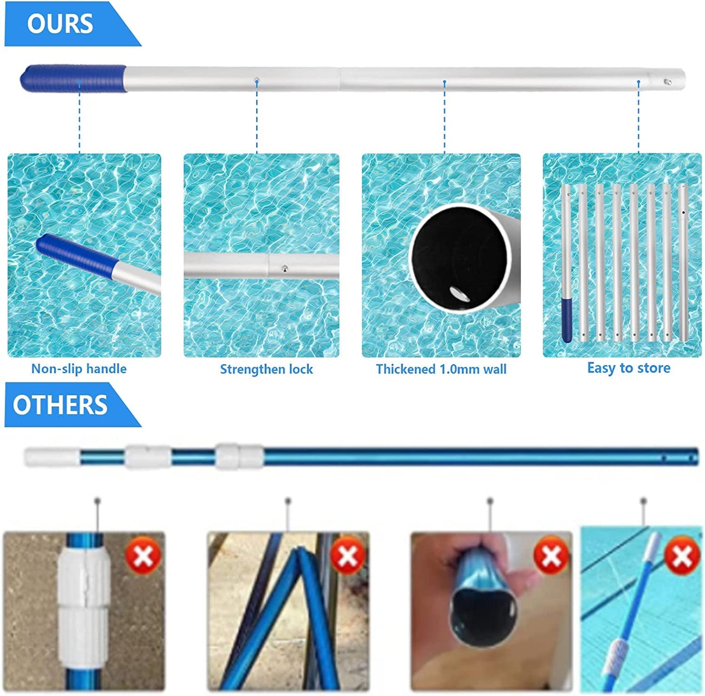 POOLWHALE 10.5 Foot Premium Aluminum Telescopic Swimming Pool Pole, Special Stripes Texture Strong Grip, Adjustable 8 Pieces 1.0 mm Expandable Step-Up, for Skimmer Nets, Vacuum Heads and Brushes