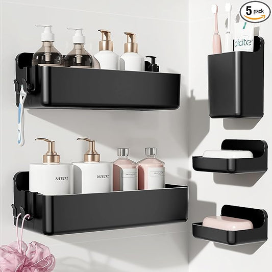 Nieifi Adhesive Wall Shelf, Shower Shelves 5 Pack with Soap Holder, Shower Organizer for Bathroom Organization, Black