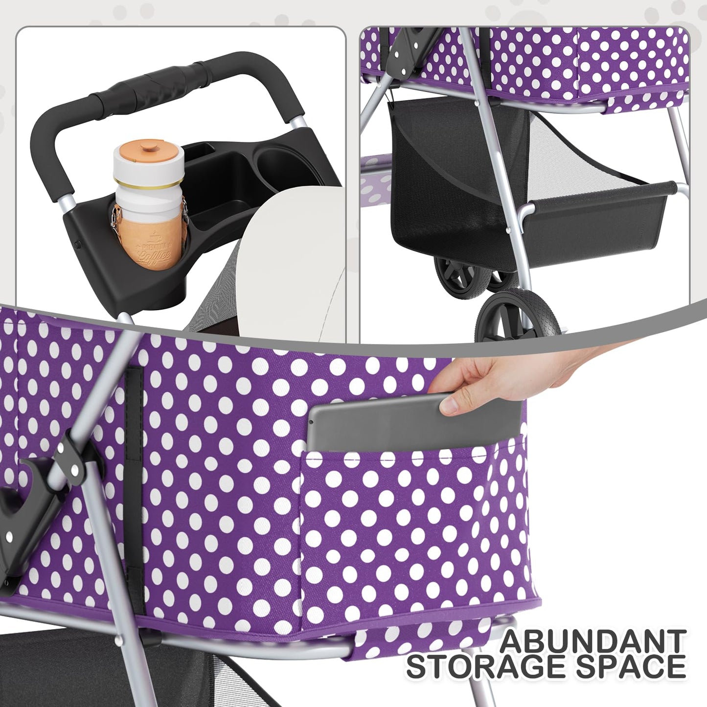MoNiBloom 3 in 1 Foldable Pet Stroller for Small & Medium Dogs, Detachable Carrier, Car Seat, Push Button Entry, 4-Wheel Jogger for Pets up to 33 lbs, Purple Polka Dots