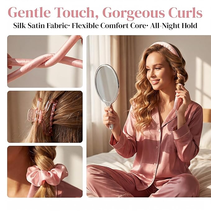 Heatless Curls Overnight,Hair Curlers to Sleep In,No Heat Satin Curling Rod Set Rollers,Sleeping Blowout Headband, Foam Curly Tie Ribbon Styling Tool for Long Hair