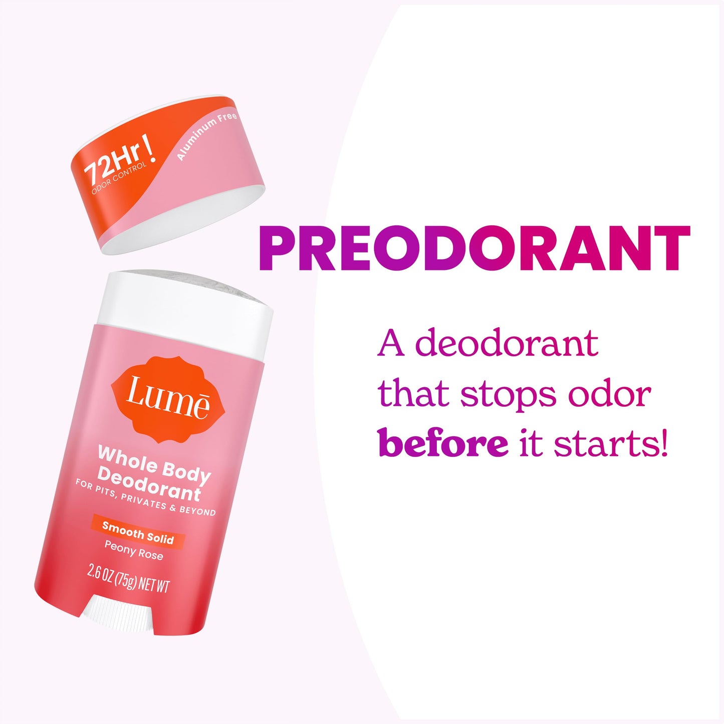 Lume Whole Body Deodorant - Smooth Solid Stick - 72 Hour Odor Control - Aluminum Free, Baking Soda Free and Skin Loving - 2.6 Ounce (Pack of 3) (Peony Rose)