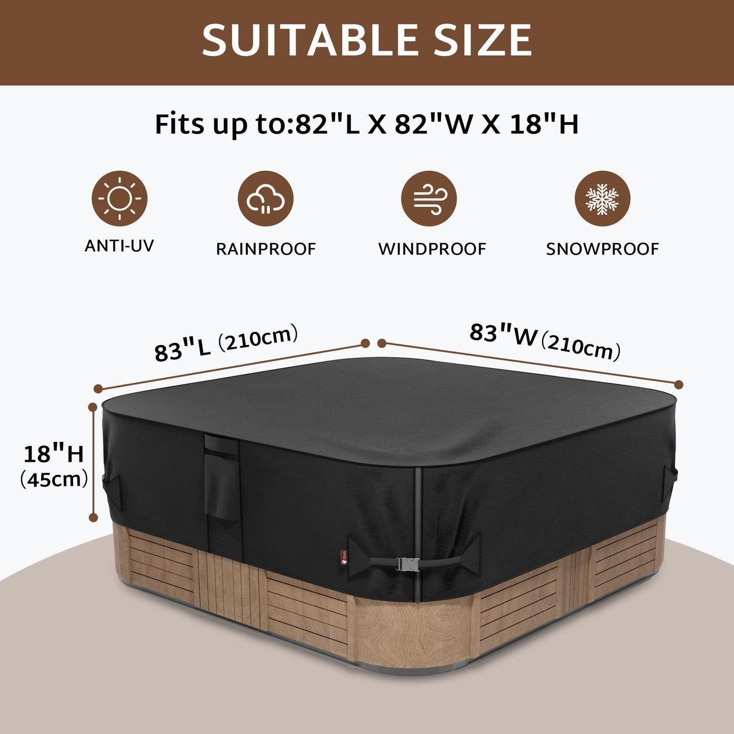 iBirdie Outdoor Waterproof Hot Tub Cover 83 x 83 inch fit 82 x 82 or 81 x 81 or 80 x 80 Square SPA 600D Heavy Duty Weatherproof Protectors Protective Cover Cap