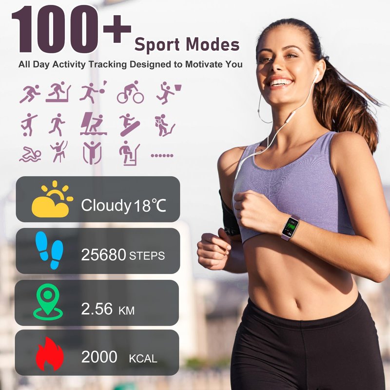 Bakoor Fitness Tracker, Fitness Watch with 24/7 Heart Rate, Blood Oxygen Blood Pressure, Step Counter Sleep Tracking, 100+ Sports Modes Smart Watches, Activity Pedometer for Women Men