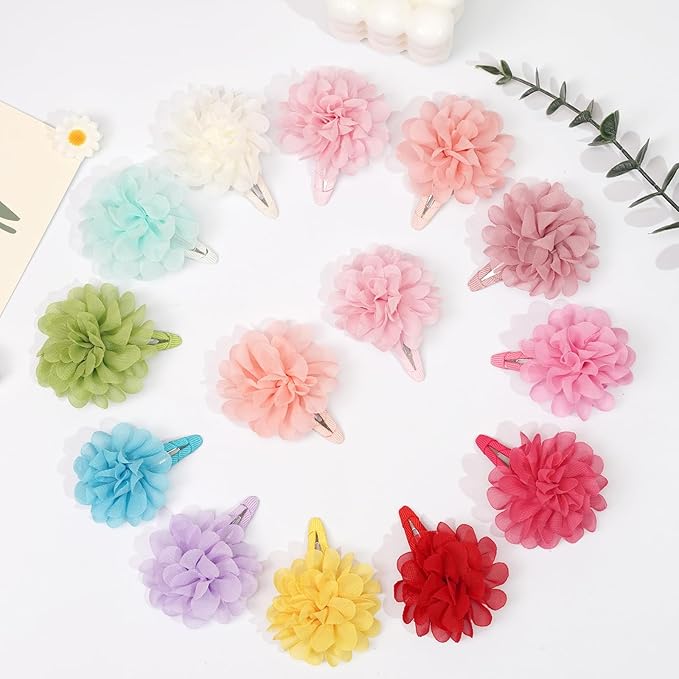 DeD 24PCS 2.7" Chiffon Flower Hair Bows Clips Flower Tiny Hair Clips Fine Hair for Girls Infants Toddlers Set of 12 Pairs