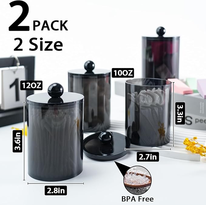 XIPENGKEJI 2 Pack Qtip Holder,Canister Apothecary Jar Set, Bathroom Jars with Lids Set for Cotton Swabs, Balls, Pads, Floss Picks,10oz-12oz Plastic Canisters Restroom Bedroom Vanity Organizer(Black)