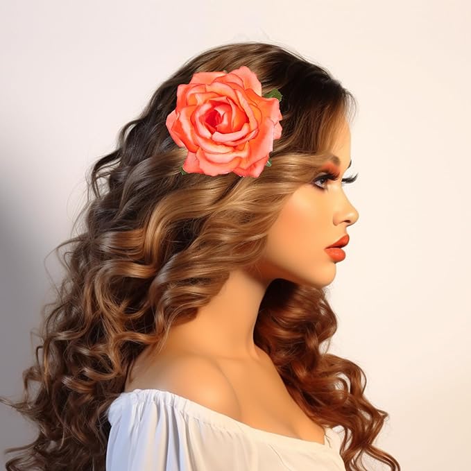 Rose Hair Clip Flower Hairpin Brooch Floral Clips, 4 Pcs Fabric Rose Flowers Hair Clips Mexican Hair Flowers Pin up Headpieces for Wedding Party Mother's Day (2 Sizes) (Pink Red)