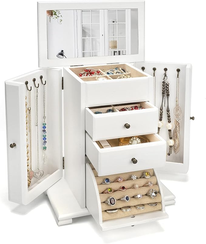 Emfogo Jewelry Box for Women, Rustic Wooden Jewelry Boxes & Organizers with Mirror, 4 Layer Jewelry Organizer Box Display for Rings Earrings Necklaces Bracelets (Weathered White)