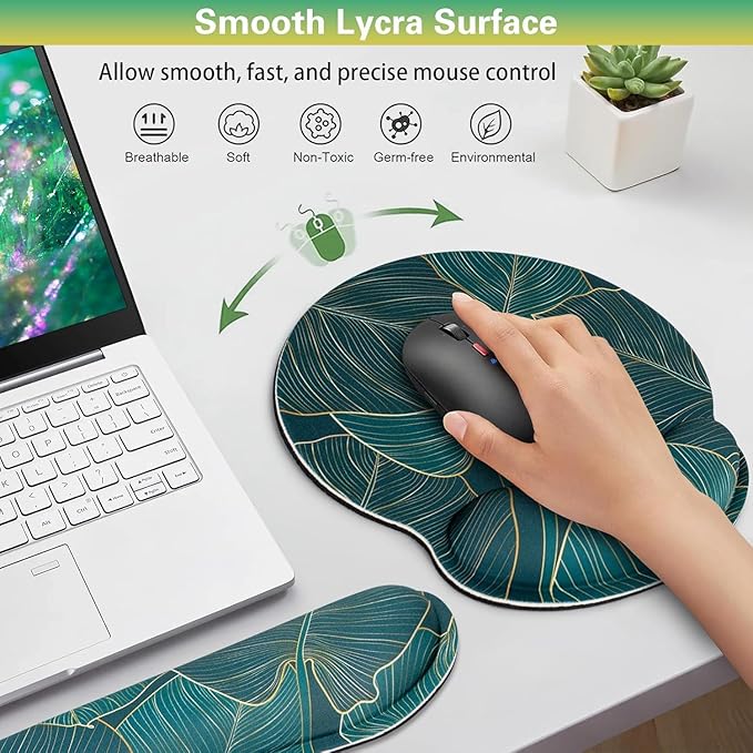Mouse Pad with Wrist Rest Set, 3-in-1 Wrist Support Mousepad Set, Gaming Mat Pad with Anti-Skid Base,Ergonomic Mouse Pad Green,Memory Foam Gel Wrist Rest for Computer Keyboard