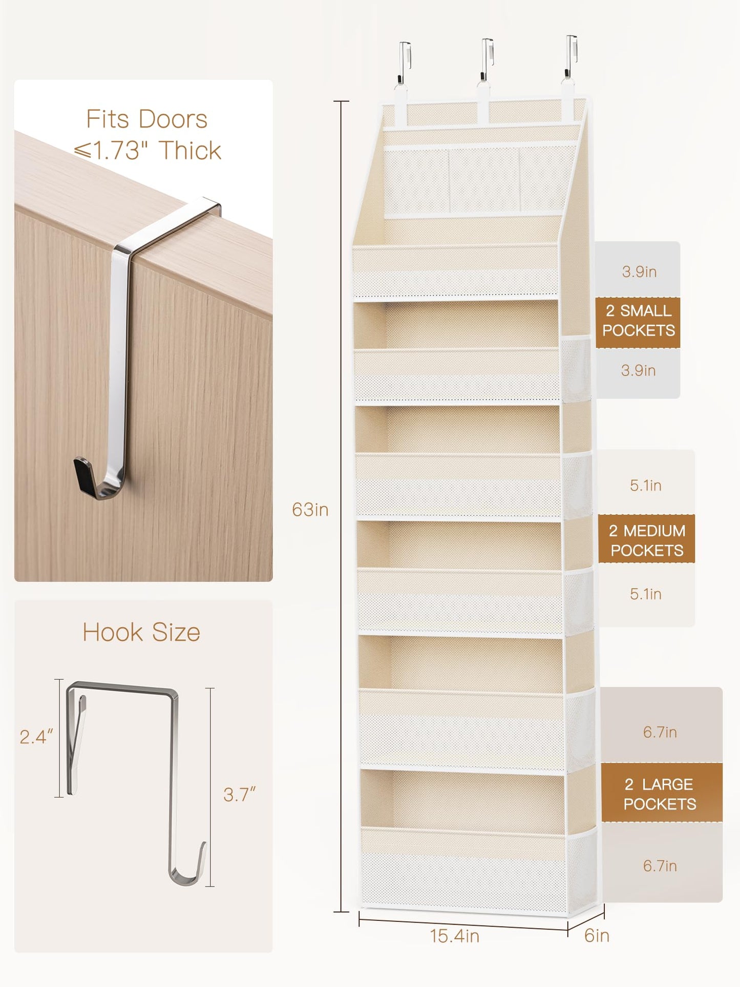 Criusia Over the Door Organizer, 6-Shelf Closet Hanging Storage with 13 Mesh Pockets, 55lbs Capacity Behind the Door Storage for Baby Nursery, Bathroom, Bedroom, and Dorm, Beige