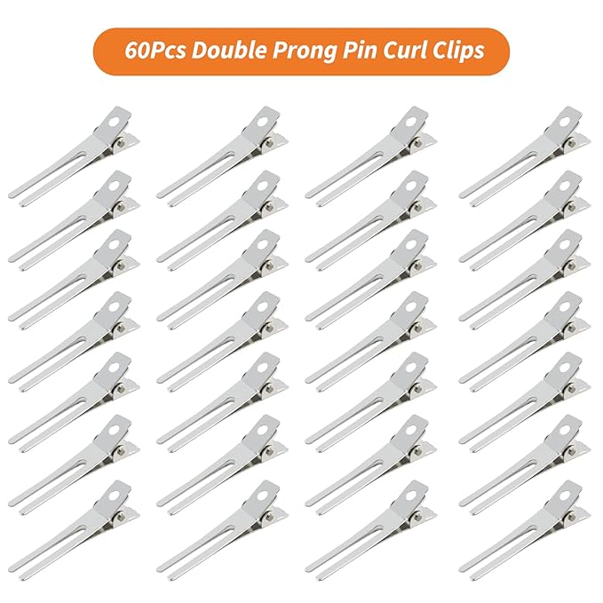 60Pcs Double Prong Pin Curl Clips, Gingbiss 1.8" Duck Billed Hair Clips for Styling Sectioning, alligator hair clips with Storge Box for Makeup, Hair Salon, Barber, DIY