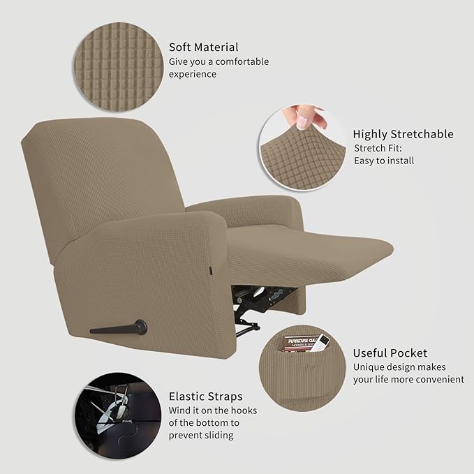 Easy-Going Recliner Stretch Sofa Slipcover Sofa Cover 4-Pieces Furniture Protector Couch Soft with Elastic Bottom Kids, Spandex Jacquard Fabric Small Checks(Recliner,Natural)