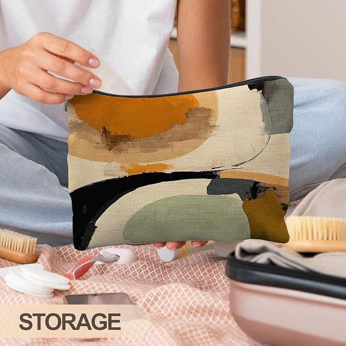 Abstract Japandi Art Makeup Bag, Modern Minimalist Boho Neutral Cosmetic Bags for Women, Boho Gifts for Women, Mid Century Modern Zipper Makeup Pouch