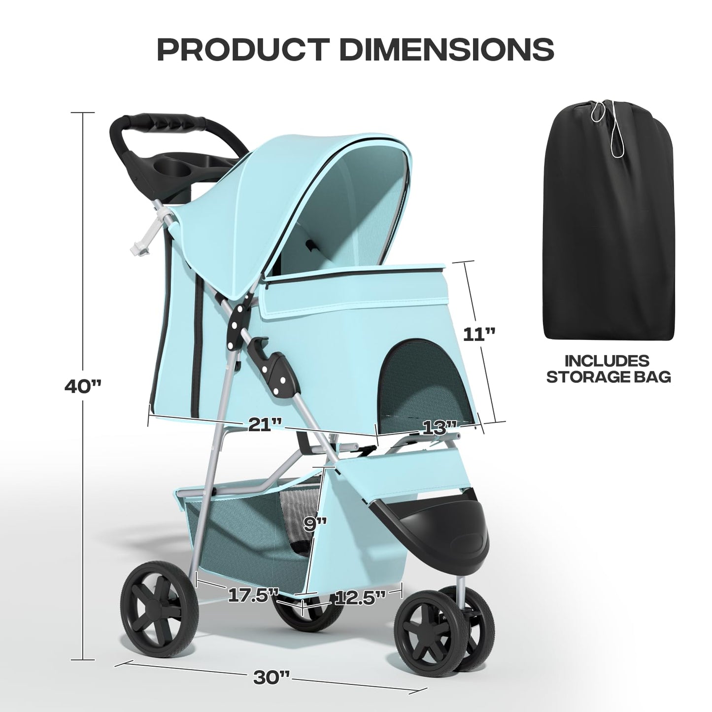 Pet Stroller for Small Dogs 10 lbs, Dog Stroller for Medium Dogs 30 lbs, Cat Strollers for 2 Cats, 3 Wheels Foldable Jogger Puppy Stroller with Storage Basket and Cup Holder, Mint