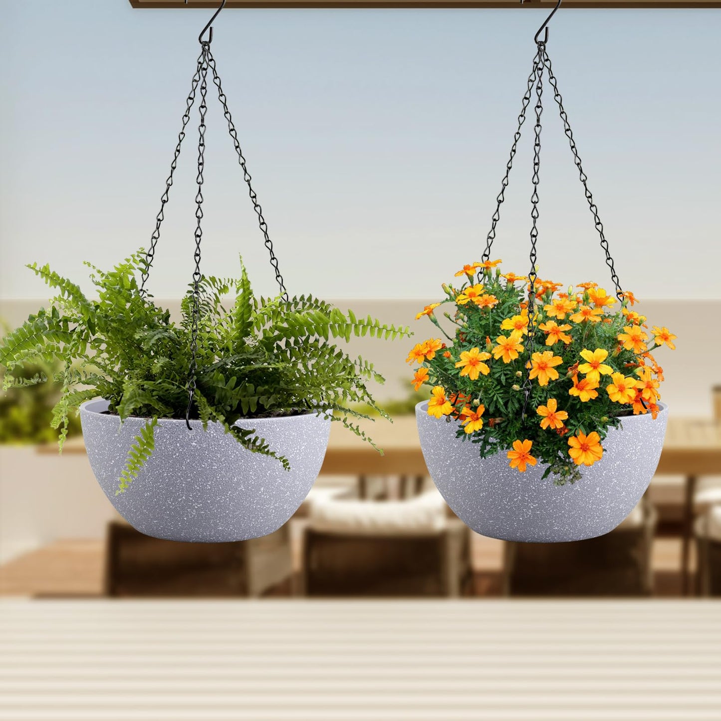 Meowell 10 inch Hanging Planters for Indoor Outdoor Plants, 2 Pack Hanging Flower Pots with Drainage Holes and Chain for Garden Porch, Plastic Hanging Baskets for House Plants, Speckled Grey