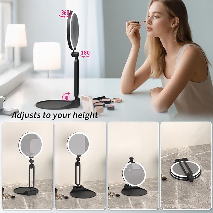 Magnifying Mirror with Light 10X/1X, Double Sided Travel Makeup Mirror with Lights and Magnification, Rechargeable 3 Colors Dimming Lighting, Large Size of 6inch, Foldable Design, 360°Angle Adjustable