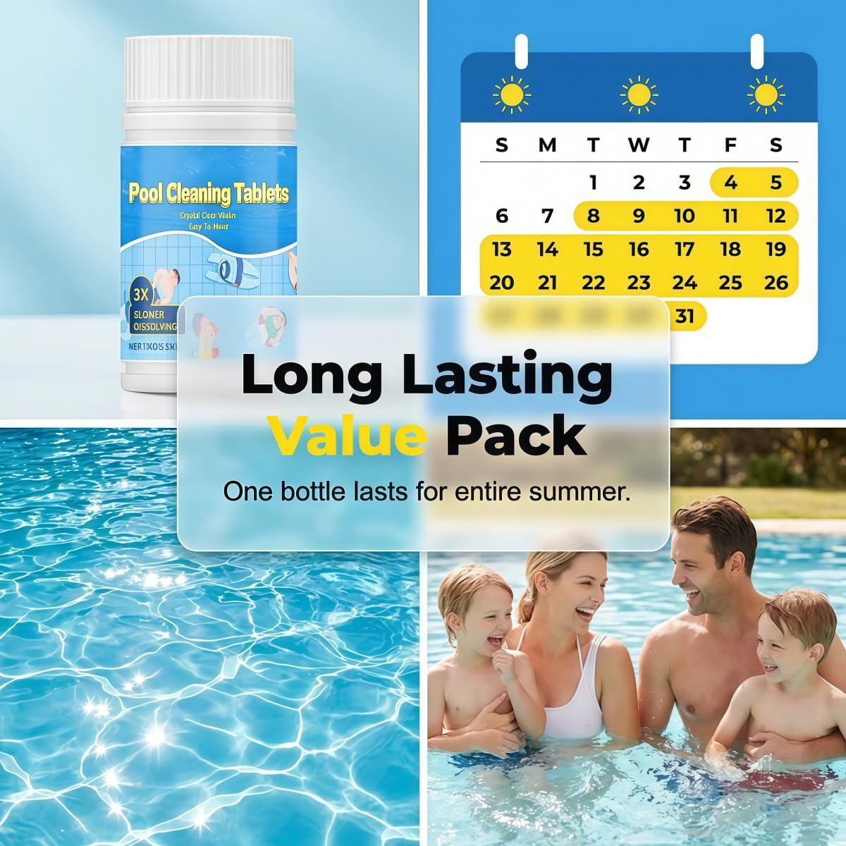 Pool Cleaning Tablets for Crystal Clear Water, Clears Dull, Hazy or Cloudy Wate Eliminate Odors, Fast Acting, Maintain Water Quality Balance (100g)