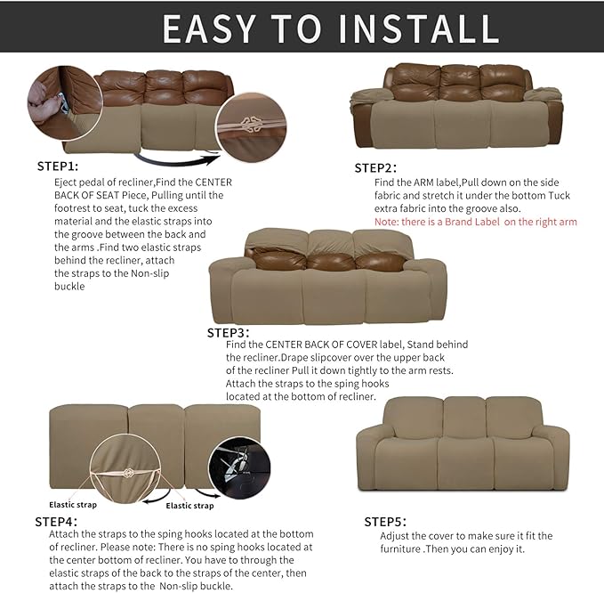 Easy-Going 8 Pieces Recliner Sofa Stretch Sofa Slipcover Sofa Cover Furniture Protector Couch Soft with Elastic Bottom Kids, Spandex Jacquard Fabric Small Checks Tan