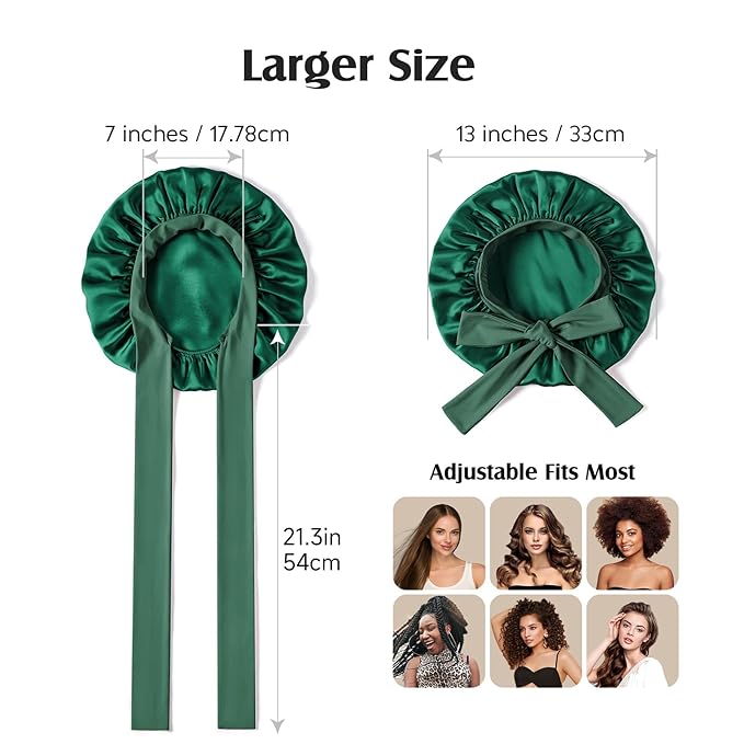 YFONG 100% 22 Momme Mulberry Silk Bonnet for Sleeping Women, Larger Double Layer Silk Hair Wrap for Curly Short Long Hair, Non-Slip Sleep Shower Cap Turban with Elastic Tie Band, Deep Green