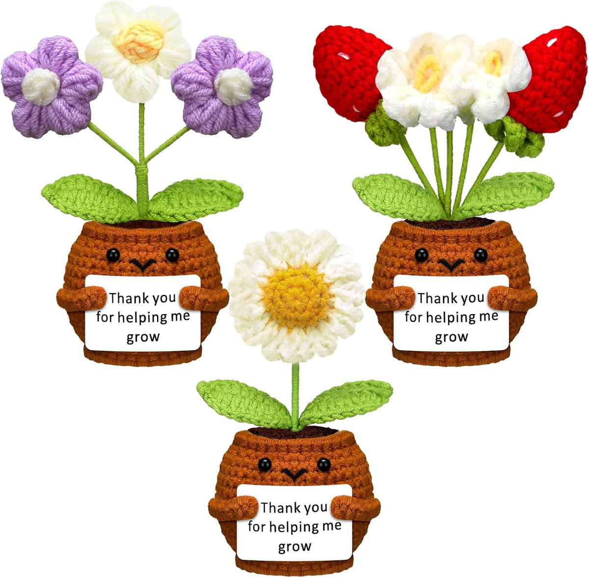 Wavwavw 3 Pcs Teacher Appreciation Gift Positive Flower Handmade Crochet Doll Thank You for Helping Me Grow Gift Teacher Appreciation Week Gifts for Women(Strawberry, Puff and Sunflower)