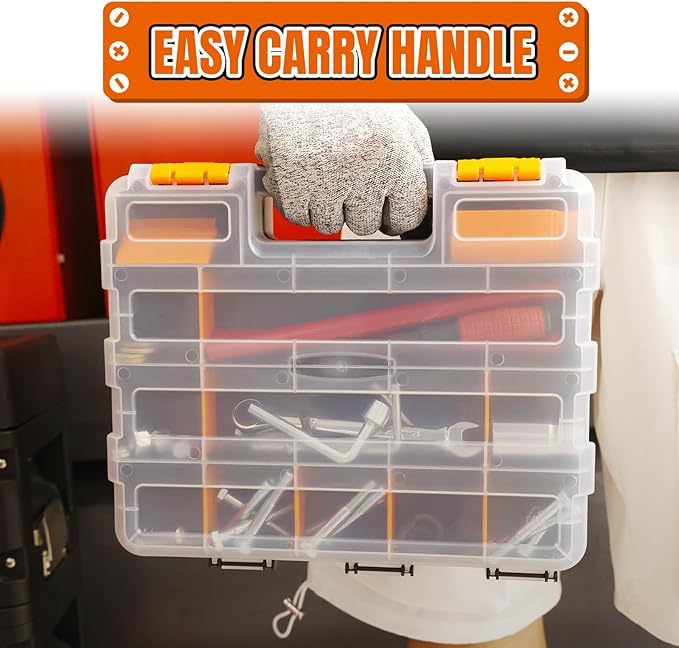 Tool Box with Transparent Lid, Double Side 34-Compartments Organizer Box with Removable Dividers for Hardware, Screws, Bolts, Nails, Beads, Jewelry and Fishing Accessories, Orange, 2 Pack