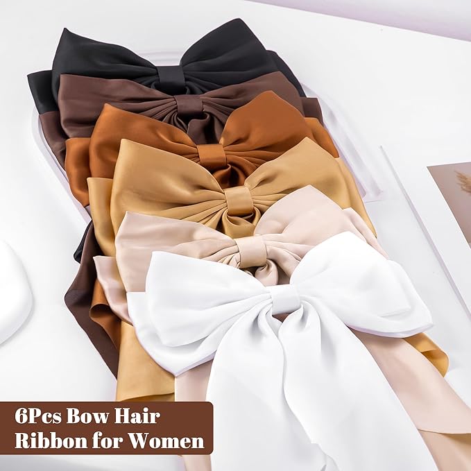 6Pcs Large Bows Hair Clips for Women Girls Long Tail Hair Ribbon Silky Satin Barrettes Coquette Bows Accessories (Black/khaki/Brown/White)