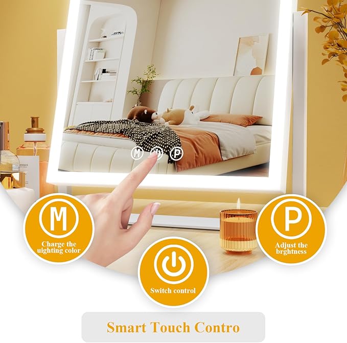 Lighted Makeup Mirror, 17.2"x13.6" Hollywood Vanity Mirror with Lights, Three Color Modes, Smart Touch Control, 360°Rotation,with 5X Magnifying Glass